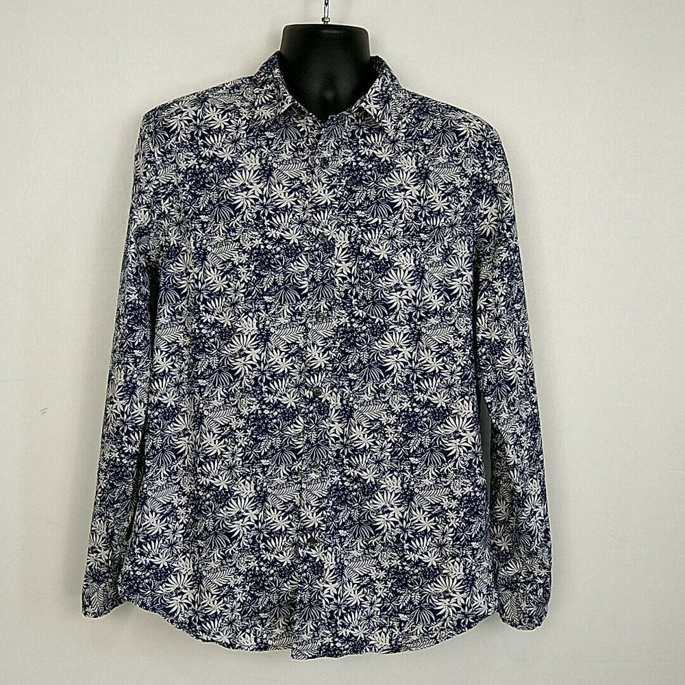 Banana Republic Mens sz‎ M Shirt Blue Floral Stretch Soft Wash Standard Fit